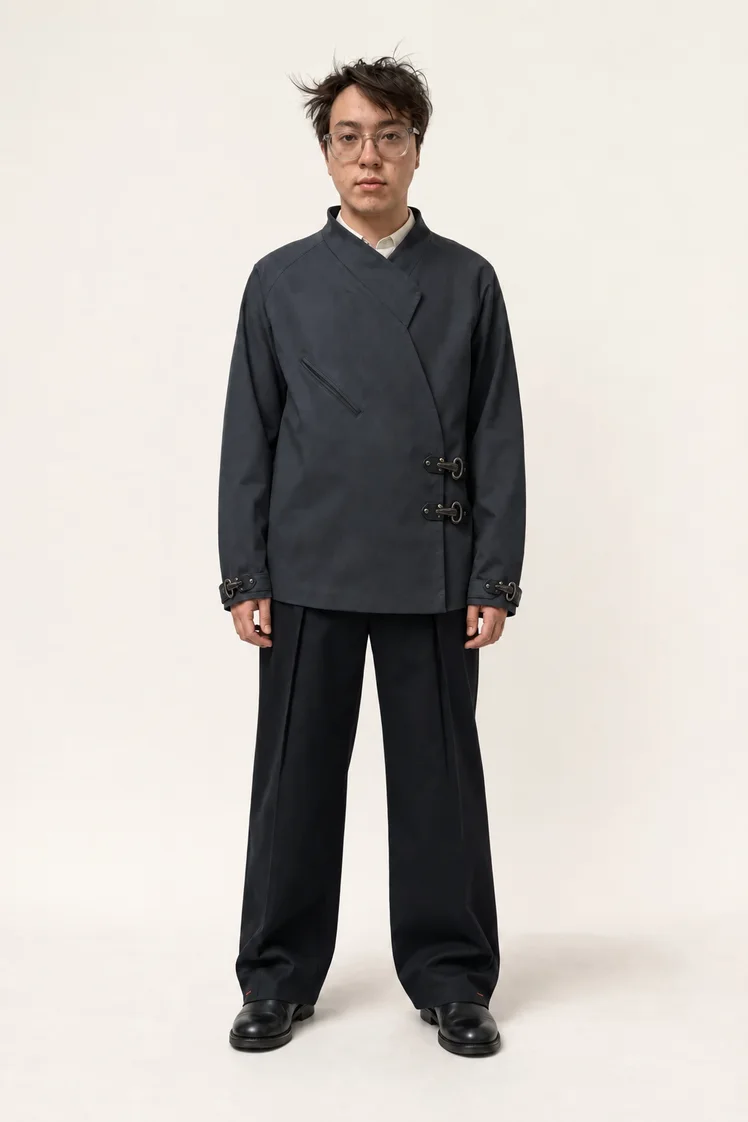 Norden Wrap Jacket with fireman’s clasps, worn with the Meridian Buckle Trouser