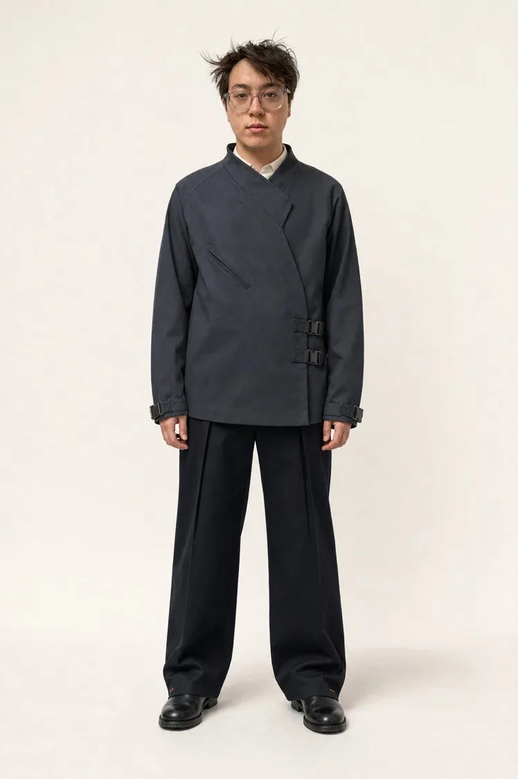 Norden Wrap Jacket worn with the Meridian Buckle Trouser