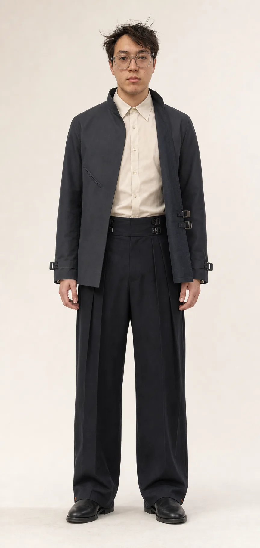 The Norden outfit with the wrap jacket open, showing the Cinder Shirt and buckled trouser